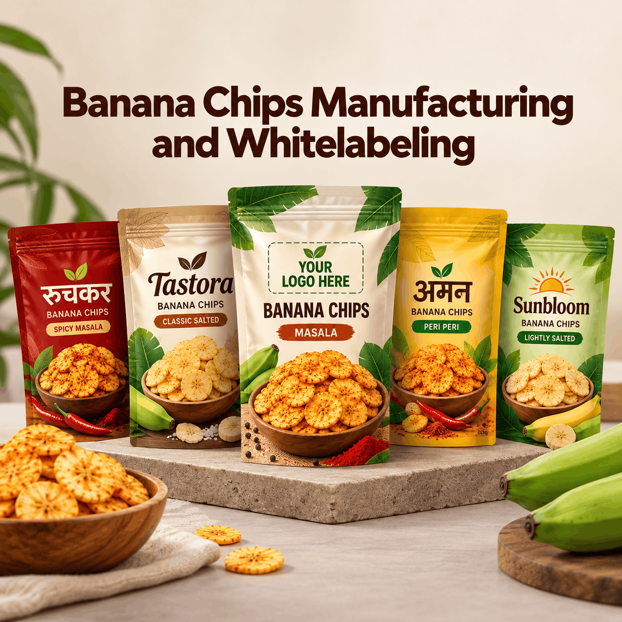 Private-label banana chips packaging options