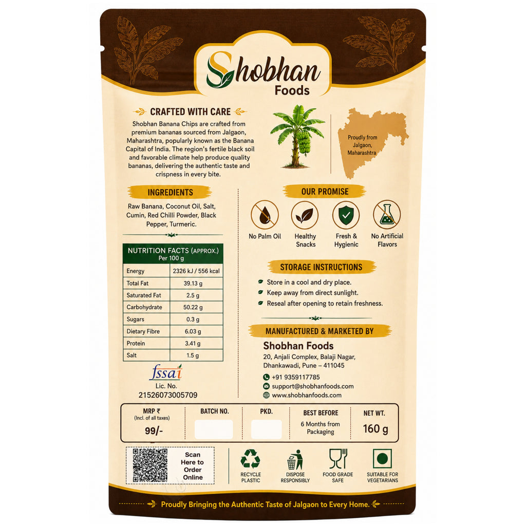 Shobhan Jalgaon Made Masala Banana Chips Packet 160g | Fried in Coconut Oil